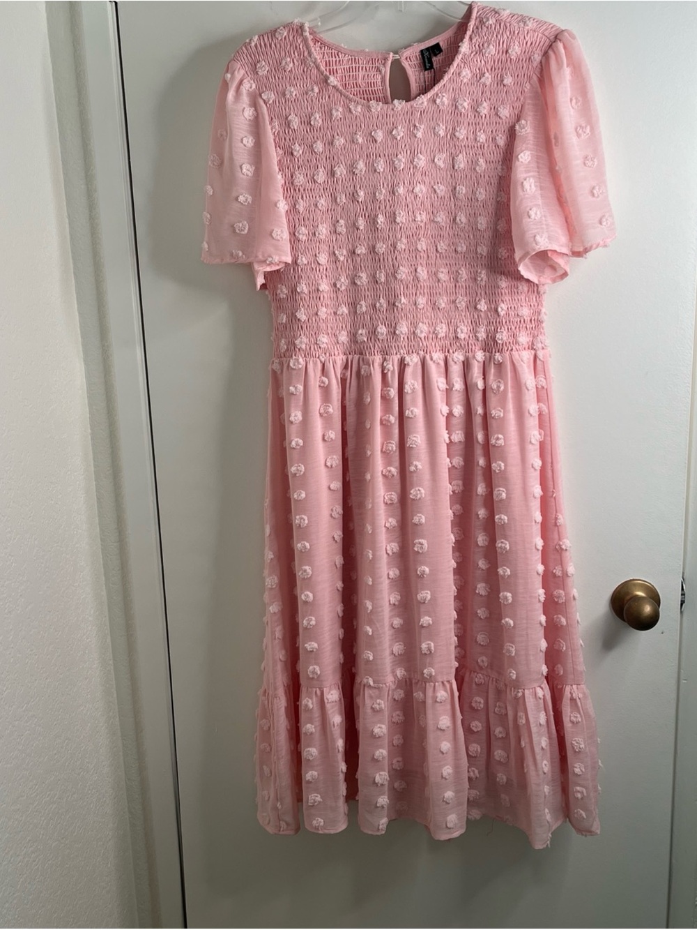 NWT Kranda Smocked Textured Swiss Dot Midi Dress Large Pink Baby/Bridal Shower